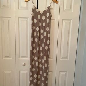 Theory Silk Taupe Maxi Slip Dress with Cream Polka Dots